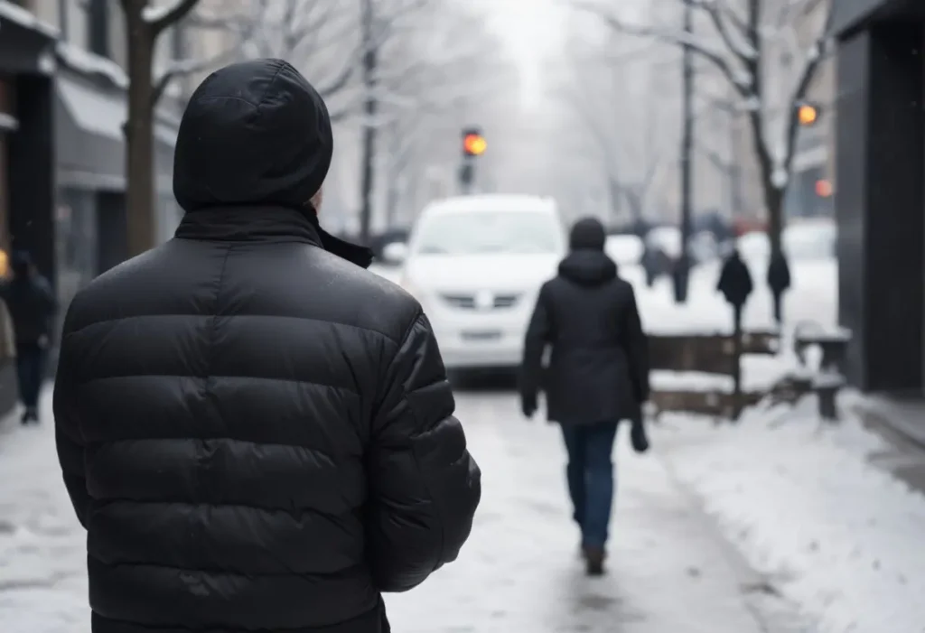 a person in a black coat walking down a snowy sidewalk